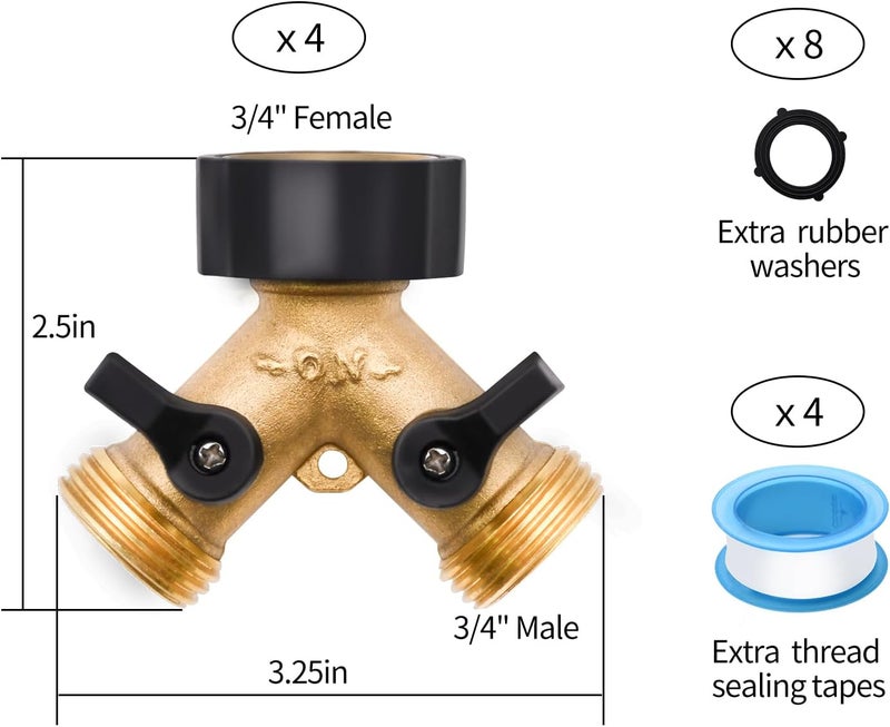 LFSEMINI 4 Pack Hose Splitter, 2 Way Heavy Duty Brass Garden Hose Splitter, for 3/4" Hose Connector, Brass Garden Hose Manifold with Rubber Washers & Tapes - Image 4